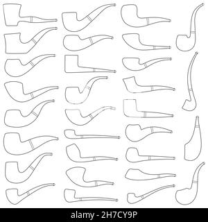 Ensemble d'illustrations en noir et blanc avec l'image de pipes de fumer de formes et de types différents.Objets vectoriels isolés sur fond blanc. Illustration de Vecteur