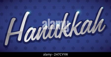 Bannière avec signe de salutation argent pour Hanukkah sur fond bleu et motif étoiles de David. Illustration de Vecteur