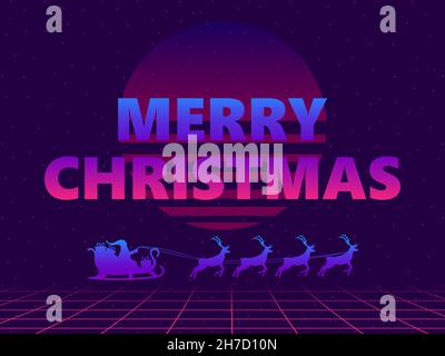 Le Père Noël en traîneau avec renne dans la réalité virtuelle des années 80.Style Synthwave et four à micro-ondes.Lettrage joyeux Noël.Conception d'une carte de vœux, Ban Illustration de Vecteur