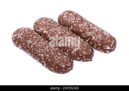 Group of long chocolate bars with coconut powder isolated on white background Banque D'Images