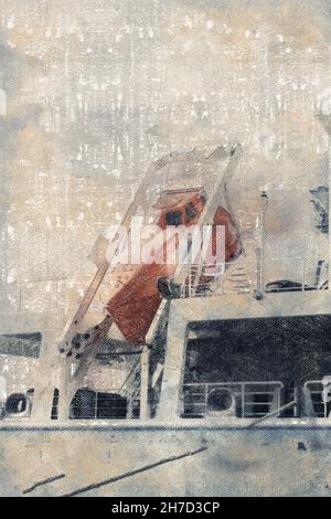Concept de sécurité maritime.Red Lifeboat sur un cargo sec.Aquarelle numérique Banque D'Images