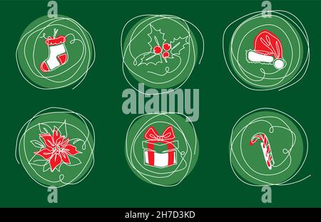 Jeu de vecteurs d'icônes de Noël.Des gribouillages dessinés à la main sur fond vert pour les décorations de Noël.Un dessin en ligne continu d'icônes, de signes, de symboles Illustration de Vecteur