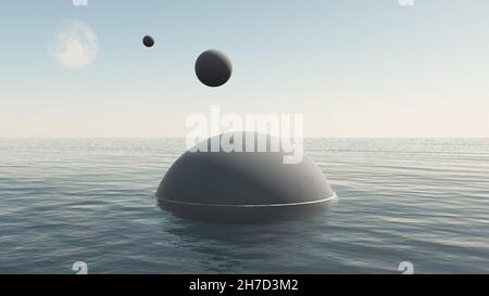 Vaisseaux spatiaux étrangers descendant vers l'eau de la mer de la Terre.Sphères d'OVNI volant de la Lune, illustration 3D Banque D'Images