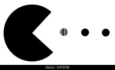 PAC-Man mangeant balles noir et blanc illustration thématique, revue de jeux rétro Banque D'Images