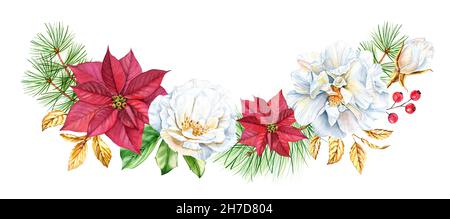 Guirlande de Noël avec fleur de poinsettia, branches de pin et rose dorée.Grand agencement horizontal de la voûte plantaire.Illustration aquarelle peinte à la main pour Banque D'Images