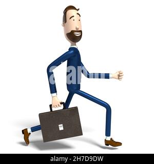 Homme d'affaires de personnage de dessin animé de Hipster court avec un porte-documents - illustration 3D Banque D'Images