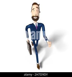 Homme d'affaires de personnage de dessin animé de Hipster court avec un porte-documents - illustration 3D Banque D'Images