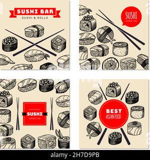 Banderoles à sushi.Roulés avec du riz et du poisson avec des sauces wasabi naturel japonais authentique cuisine récente vecteur dessinés à la main Illustration de Vecteur