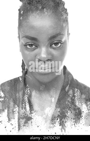 Un portrait noir et blanc d'une femme combiné à diverses éclaboussures d'aquarelle dans une technique de la peinture. Banque D'Images