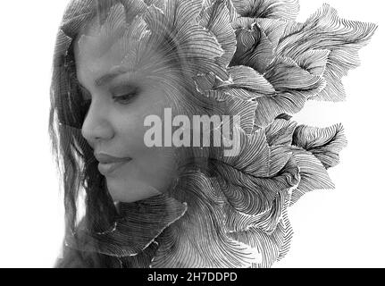 Peinture.Abstrait peinture à l'encre expressive combinée à un portrait de profil d'une femme asiatique Banque D'Images