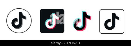 Kiev, Ukraine - 8 novembre 2021: Icônes de vecteur TikTok.Ensemble de panneaux plats isolés sur fond blanc et noir.Logo des médias sociaux. Illustration de Vecteur