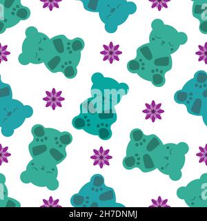 Sommeil gummies vecteur fond de motif sans couture.Toile de fond avec des ours verts et des fleurs violettes .Personnages de style kawaii mignons pour bien dormir Illustration de Vecteur