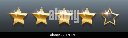 illustration vectorielle cinq étoiles dorées en 3d.5 badges en métal doré lumineux et réalistes avec forme d'astérisque et effet de lumière brillant, quatre avis brillants Illustration de Vecteur