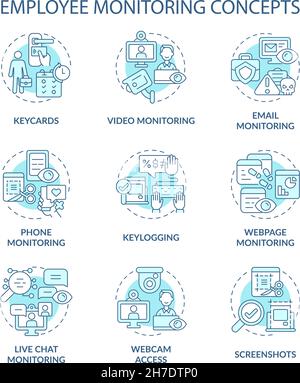 Ensemble d'icônes de concept bleues de surveillance des employés Illustration de Vecteur