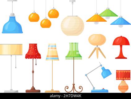 Lampes de dessin animé.Maison intérieur plancher et torches de table avec différents abat-jour, éclairage de la pièce.Mobilier isolé, décor épuré, ensemble vectoriel.Illustration de l'éclairage du meuble, intérieur Illustration de Vecteur