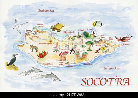 Illustration de la carte aquarelle de l'île Socotra Banque D'Images