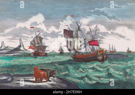 Flottille de pêche à la baleine au large du Groenland au XVIIIe siècle.Après une œuvre de Sieuwert van der Meulen. Banque D'Images