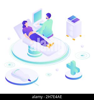 Médecin effectuant une échographie abdominale à une patiente couchée sur un lit médical, illustration isométrique à vecteur plat. Illustration de Vecteur