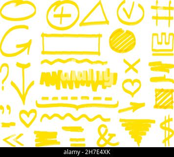 Traits de marqueur jaune.Surligneur griffonnage, surlignant le texte et les repères.Flèches, bandes et panneaux de direction vibrants.Cartouche de notes vecteur décent Illustration de Vecteur