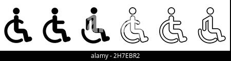Ensemble d'icônes pour fauteuil roulant.Symbole handicapé dans les styles d'art plat et au trait.Design pour la conception mobile et Web.Concept d'incapacité Illustration de Vecteur