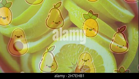 Illustration avec des fruits sur des citrons fraîchement tranchés Banque D'Images