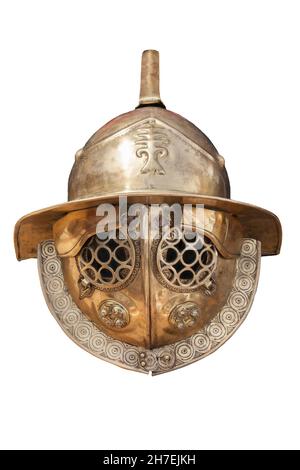 Casque gladiateur de classe thraex ou thrace.Isolé sur blanc Banque D'Images