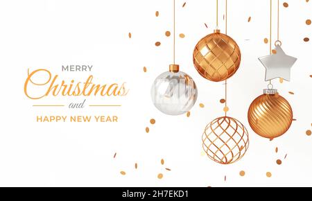 Joyeux Noël et joyeux nouvel an fond blanc avec boules de suspension dorées et texte.Banderole ou prospectus élégant de Noël en 3D Banque D'Images