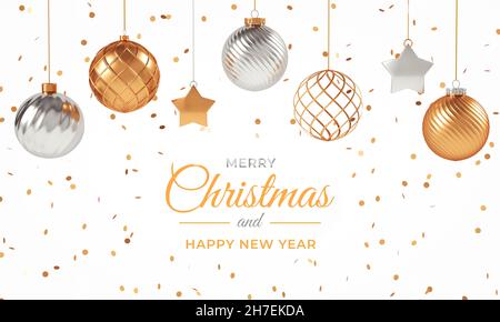 Merry Xmas fond blanc avec boules suspendues et texte.Banderole ou prospectus élégant de Noël en rendu 3D Banque D'Images