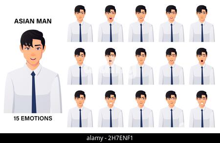 Homme d'affaires asiatique portant le maillot blanc 15 émotions et expressions faciales, heureux, triste, excité, souriant Premium Vector Illustration de Vecteur