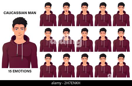 Posez l'homme caucasien dans un sweat à capuche rouge montrant des émotions diffrentes et des expressions faciales Premium Vector Illustration de Vecteur