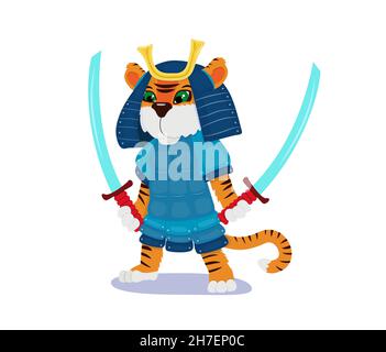 Mignon samouraï tigre en armure bleue avec des épées. Défenseur de dessin animé de la nouvelle année. Symbole de fête traditionnel. Illustration vectorielle. Illustration de Vecteur