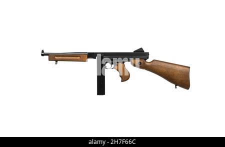 Fusil de sous-machine vintage Tommy Gun.Armes de l'armée et de la mafia.Isoler sur un fond blanc. Banque D'Images