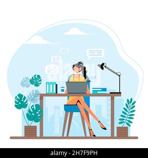 Femme d'affaires sur la table avec un ordinateur portable au bureau.Illustration vectorielle de style plat. Illustration de Vecteur