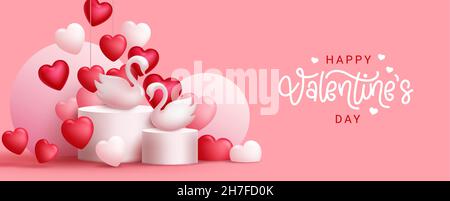 Motif vectoriel de message d'accueil de Saint-Valentin.Joyeux texte de Saint Valentin avec couple cygne dans coeur suspendu ornement arrière-plan pour les amoureux célébration décoration. Illustration de Vecteur