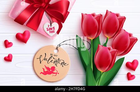 Design vectoriel Valentine Elements.Saint-Valentin élément de tulipes, cadeau et tag objet avec être mon texte de Valentin pour la célébration romantique. Illustration de Vecteur