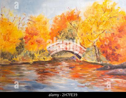 Paysage d'automne avec des feuilles jaunes et orange près du pont et illustration de l'aquarelle de la rivière Banque D'Images