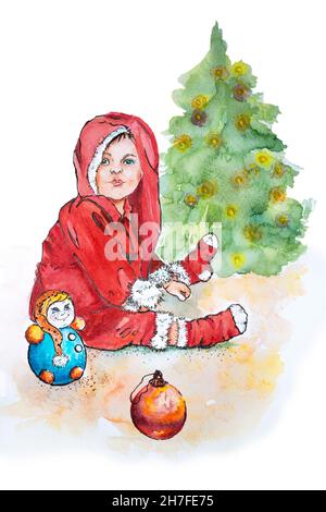 Enfant en costume du père noël près de l'arbre de noël aquarelle illustration isolée Banque D'Images