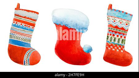 Collection de chaussettes de Noël aquarelle illustration isolée sur fond blanc Banque D'Images