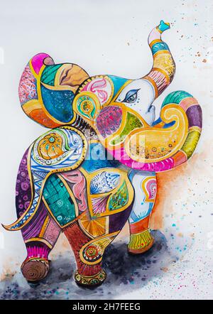 Dessin d'un éléphant de fête multicolore aquarelle Banque D'Images