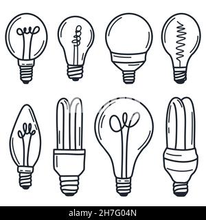 Jeu d'ampoules, dessin à la main, caniche.Collection de lampes, illustration vectorielle.Des ampoules de formes et de tailles différentes, une source d'électricité. Illustration de Vecteur