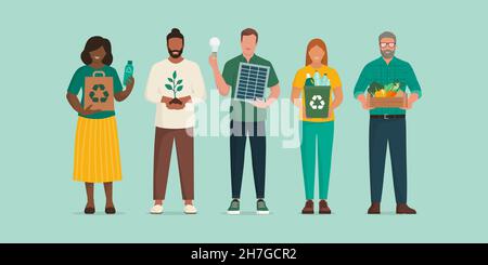 Des personnes diverses du monde entier se tenant ensemble et soutenant un mode de vie durable : concept de solutions écologiques et écologiques Illustration de Vecteur