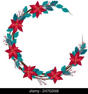 Cadre de Noël rond en branches et fleur de poinsettia rouge avec feuilles de houx et décoration de baies.Décoration festive pour le nouvel an et les vacances d'hiver Illustration de Vecteur