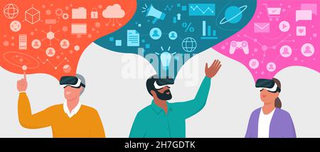 Les personnes qui portent des micro-casques VR et qui expérimentent la simulation de réalité virtuelle ont accès à leur propre univers virtuel personnalisé Illustration de Vecteur
