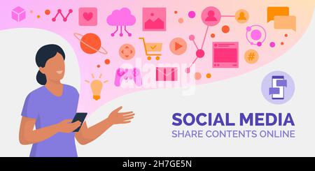 Femme se connectant à son smartphone et utilisant des applications en ligne : médias sociaux, achats en ligne et divertissement Illustration de Vecteur
