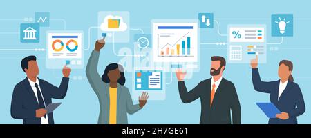 Les professionnels de l'entreprise interagissent avec les interfaces numériques, la gestion innovante et le concept de transformation numérique Illustration de Vecteur