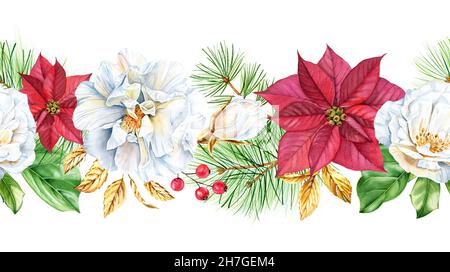 Guirlande de Noël sans couture avec fleur de poinsettia, branches de pin et rose dorée.Illustration aquarelle peinte à la main.Grande bordure horizontale pour Banque D'Images