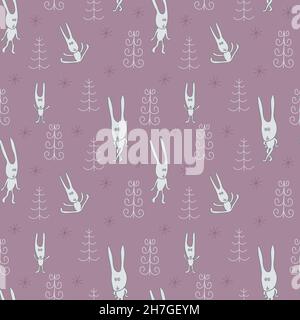 Motif sans couture avec sapins et lapins.Vecteur d'arrière-plan de Noël. Illustration de Vecteur