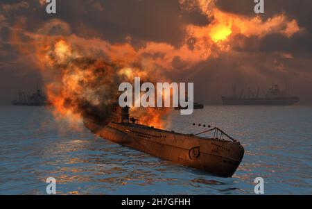 Un U-Boat allemand nazi attaqué Banque D'Images