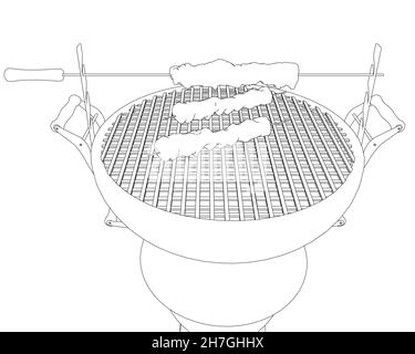 Contour barbecue avec brochettes et kebabs de lignes noires isolées sur fond blanc.Vue en perspective.Illustration vectorielle Illustration de Vecteur