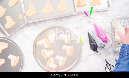Mise à plat. La décoration en forme de patins avec le sucre blanc couleur glaçage royal. Banque D'Images